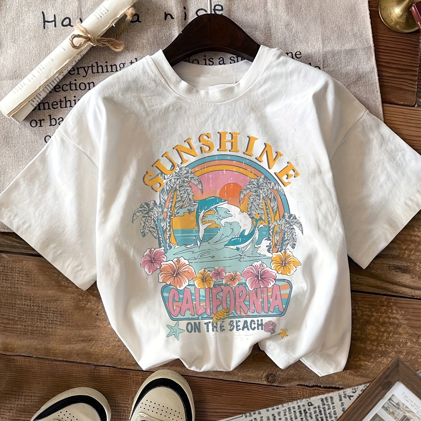 

Letter & Landscape Print T-shirt, Short Sleeve Crew Neck Casual Top For Summer & Spring, Women's Clothing
