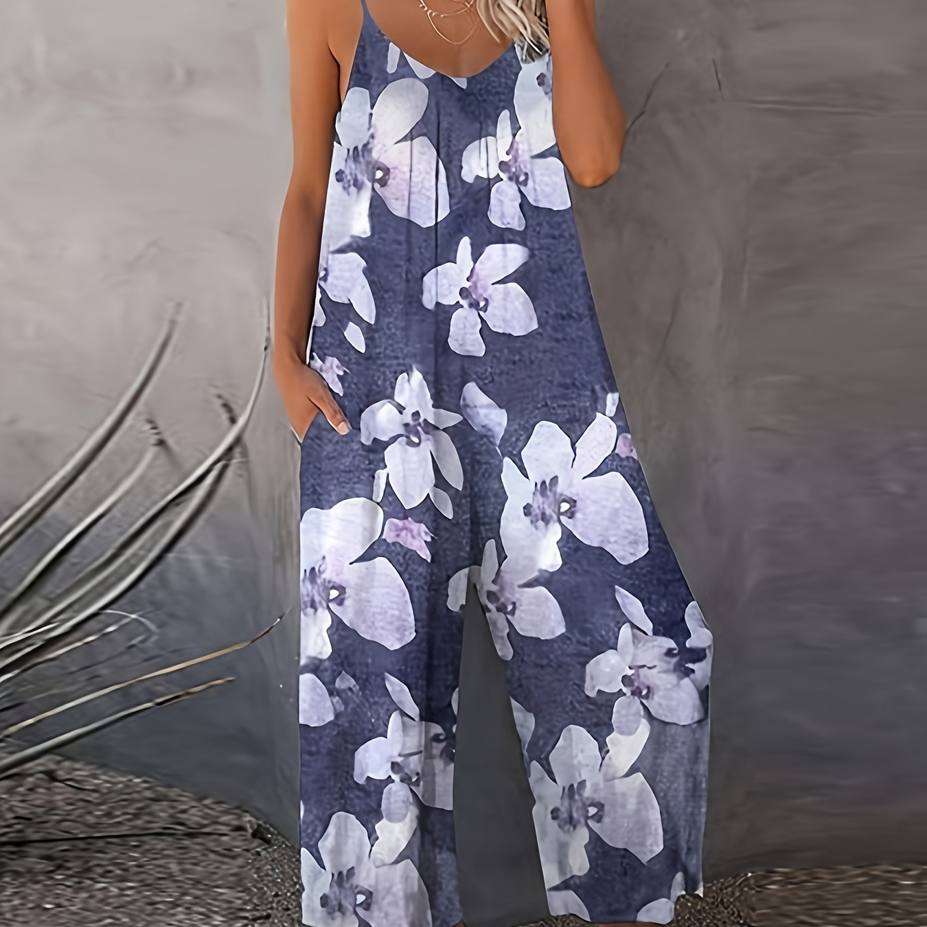 

Allover Print Wide Leg Jumpsuit, Casual Sleeveless Jumpsuit For Spring & Summer, Women's Clothing