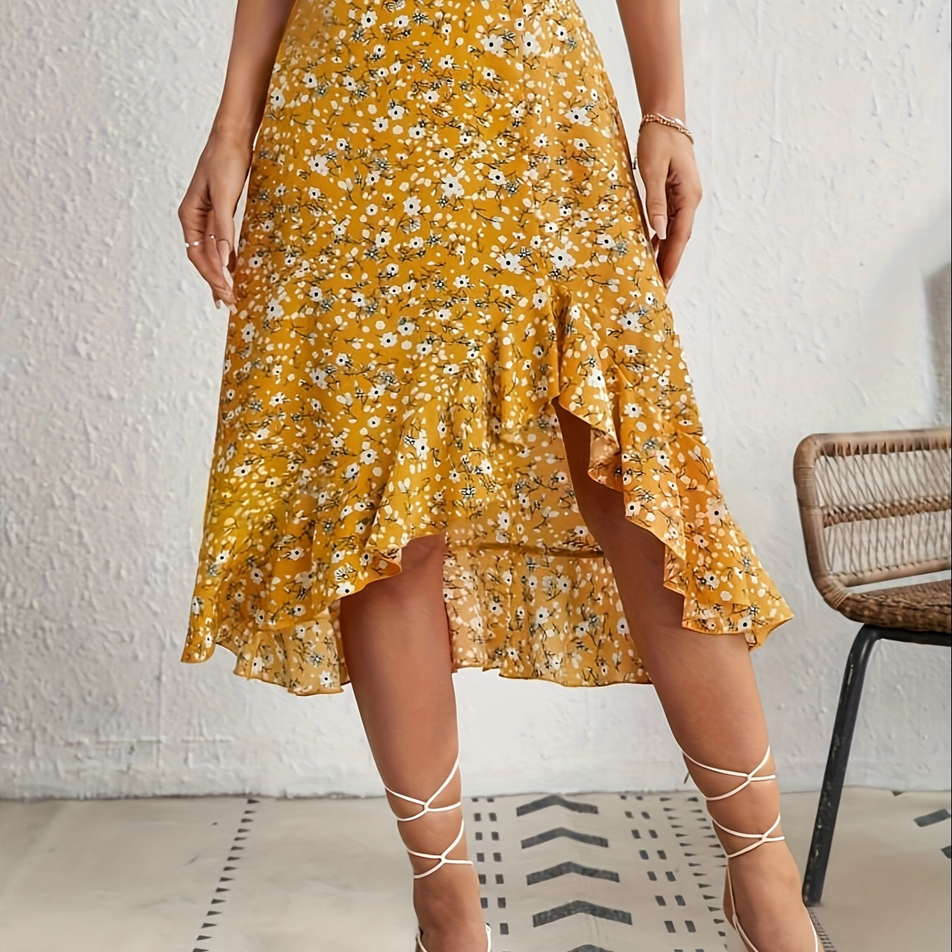 

Floral Print High Waist Skirt, Elegant Irregular Ruffle Hem Midi Skirt For Spring & Summer, Women's Clothing