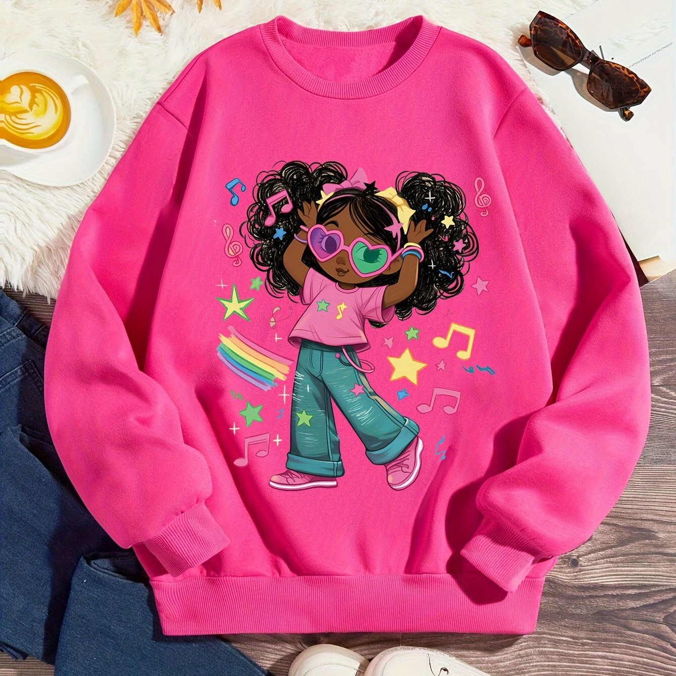 

Pretty Fashion Cartoon Little Girl Colorful Graphic Print, Girl's Casual Comfy Round Neck Long Sleeve Sweatshirt For Daily And Outdoor