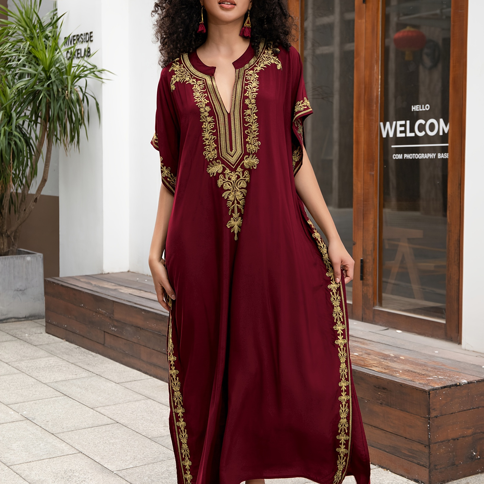 

Chic Golden Embroidered V Neck Loose Fit Batwing Sleeve Side Split Up Kaftan Dress, Women's Plus Size Swimwear & Clothing