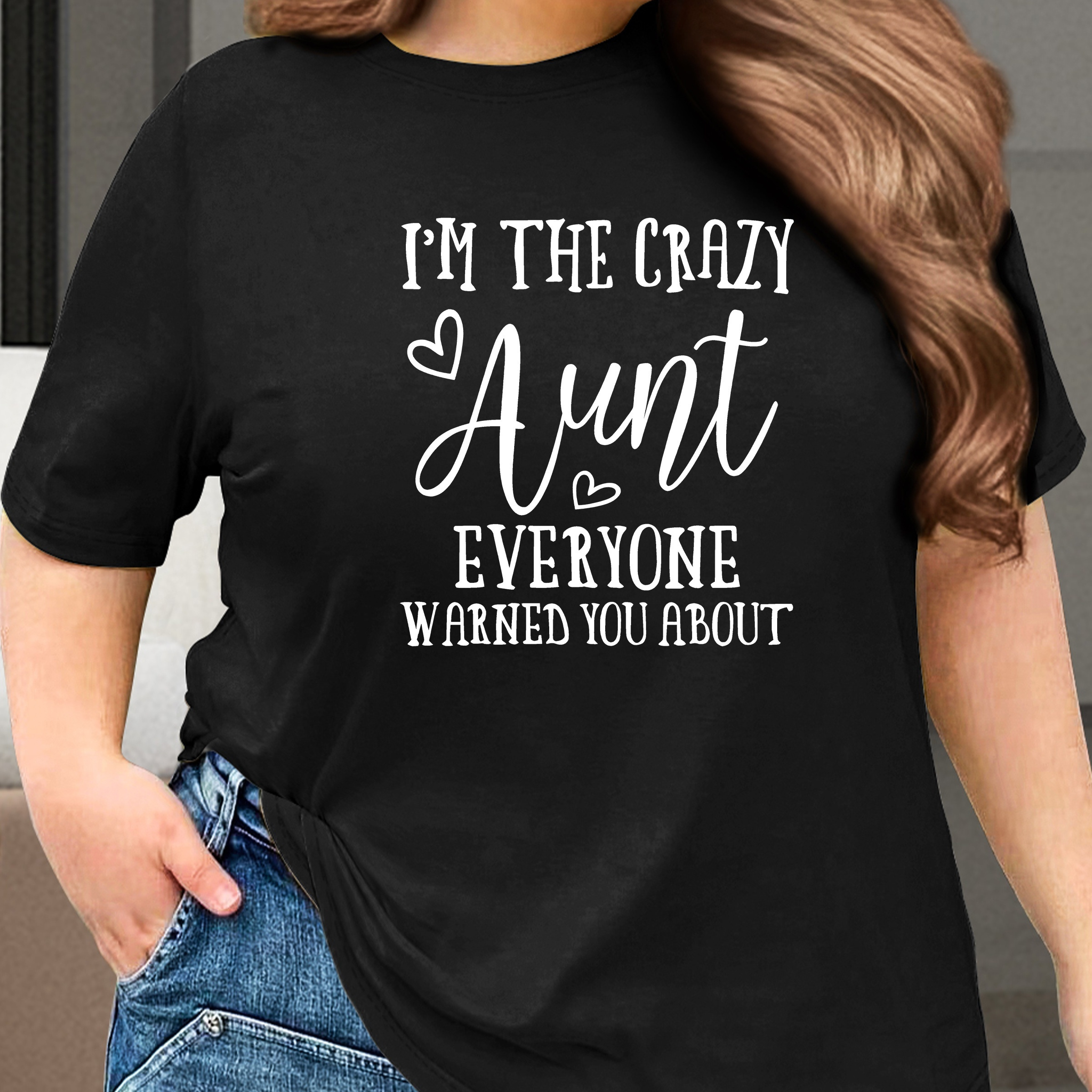 

Women's Plus Size Casual Sporty T-shirt, "i'm The Crazy Aunt" Heart Print, Comfort Fit Short Sleeve Tee, Fashion Breathable Casual Top