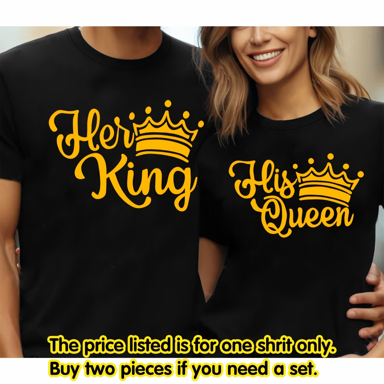 

Buy 2 Get 1 Free - , Hers King" Matching Couple T-shirts - Casual Black Crew Neck Short Sleeve Tops With Yellow Crown Print - Summer & Spring