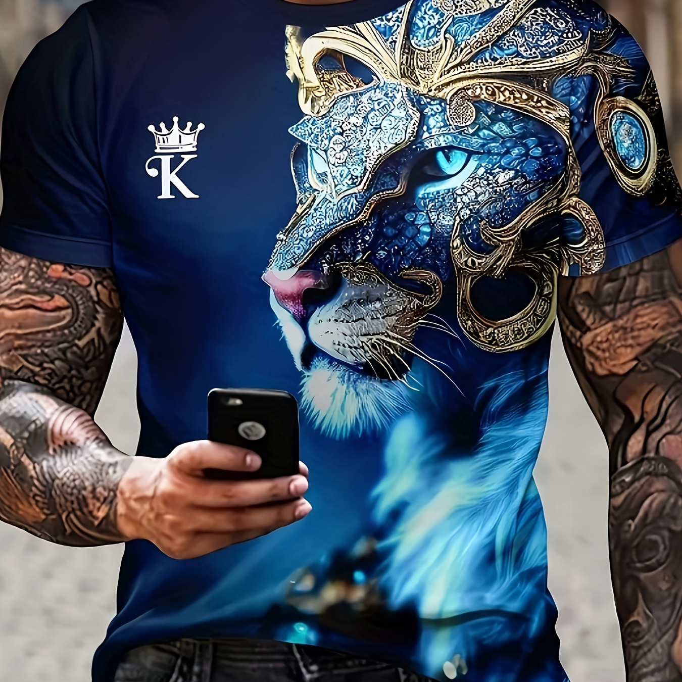 

Men's 3d Lion Diamond Print T-shirt, Casual Style, Comfortable Summer Graphic Tee For Daily Wear & Holiday Resorts