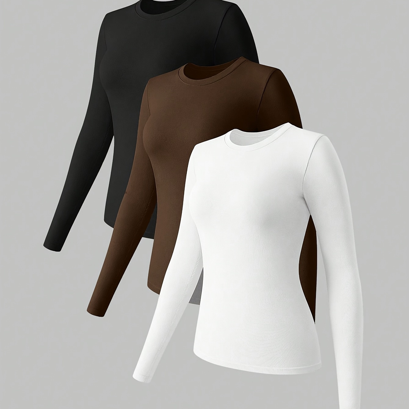 

3 Packs Solid Color Crew Neck T-shirt, Elegant Long Sleeve T-shirt For Spring & Summer, Women's Clothing