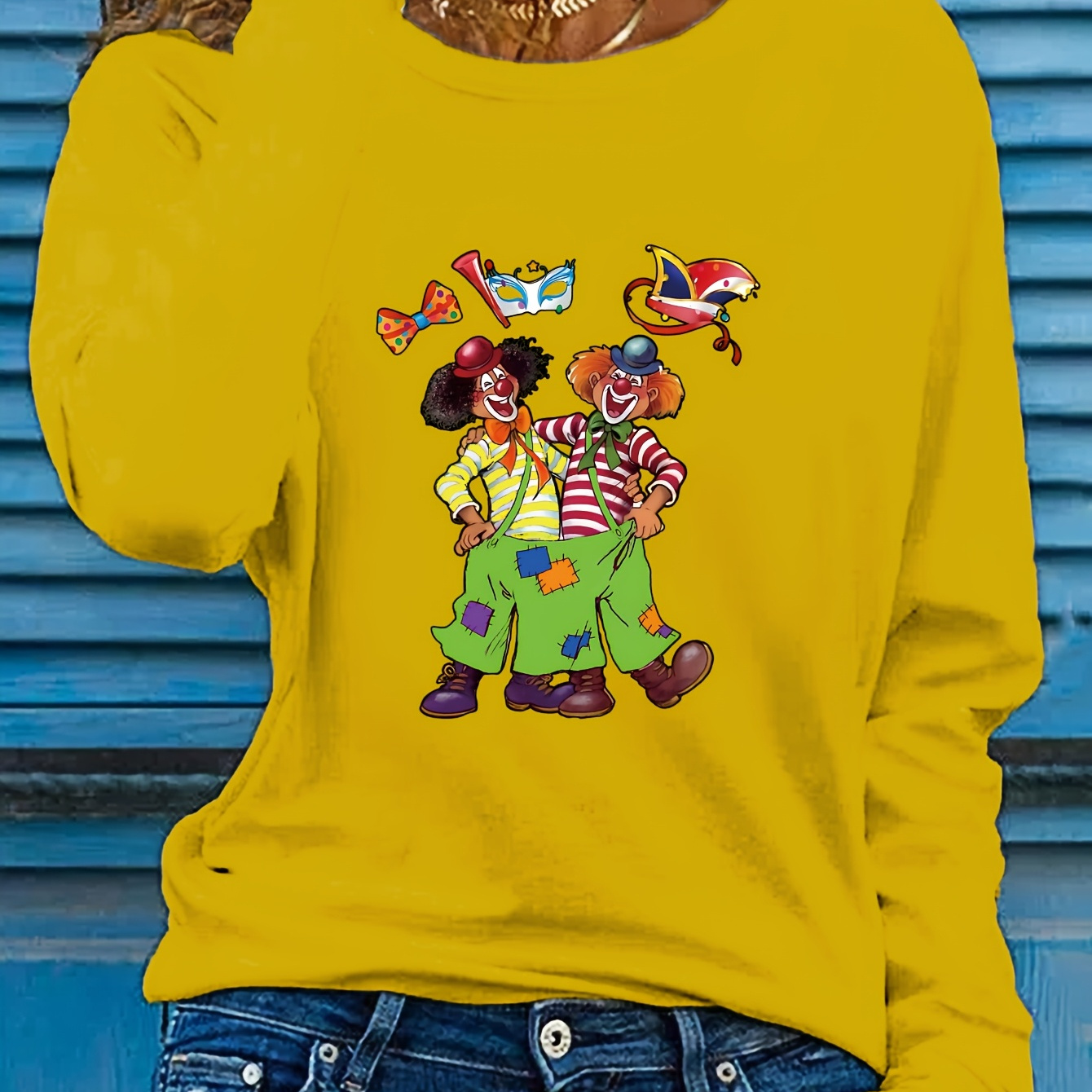 

Women's Casual Long Sleeve Crew Neck T-shirt With Clown Drawing, 100% Polyester Knit Fabric, Regular Fit, 180gsm, Applique Detail, Fall Season Top