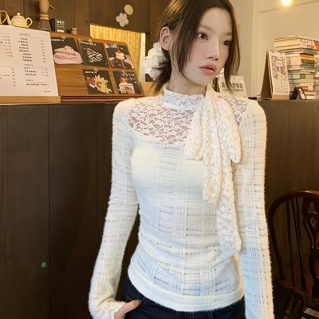 

Women' Knit Sweater, 2024 New Arrival, Slim Fit Long Sleeve T-shirt With Lace Detail, Round Neck, Solid Color, Polyester, Autumn/winter, With Bowknot, Ladies' Top