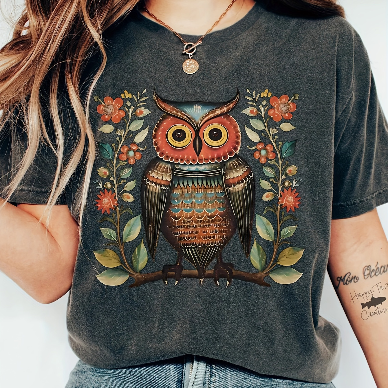 

Women's Casual Crew Neck T-shirt With Owl Print, Polyester (60% Polyester, 35% Rayon, 5% Spandex), Knit Fabric, Regular Length, Animal Pattern, Suitable For All