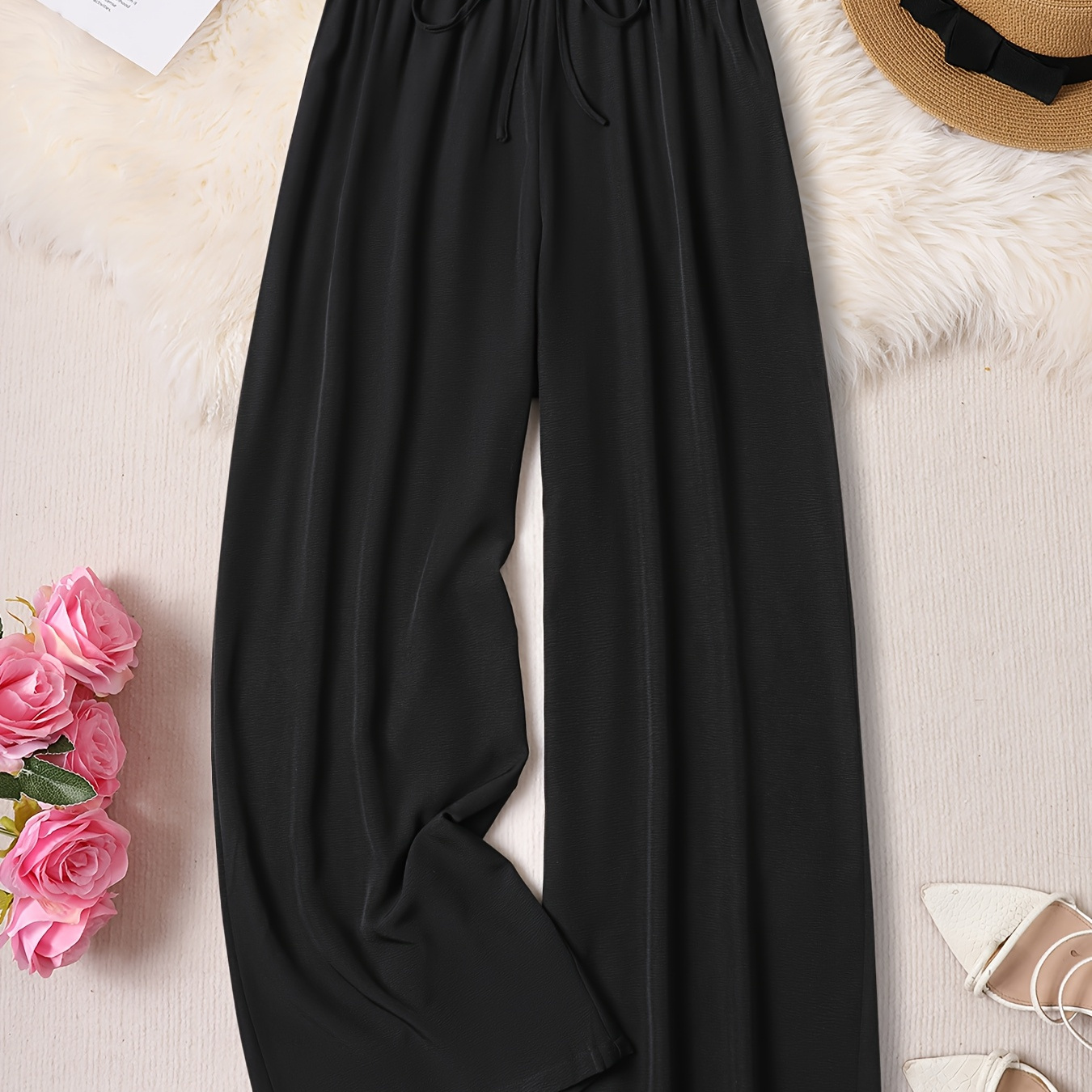 

Plus Size Solid Simple Wide Leg Pants, Casual Waist Pants For Spring & Fall, Women's Plus Size Clothing