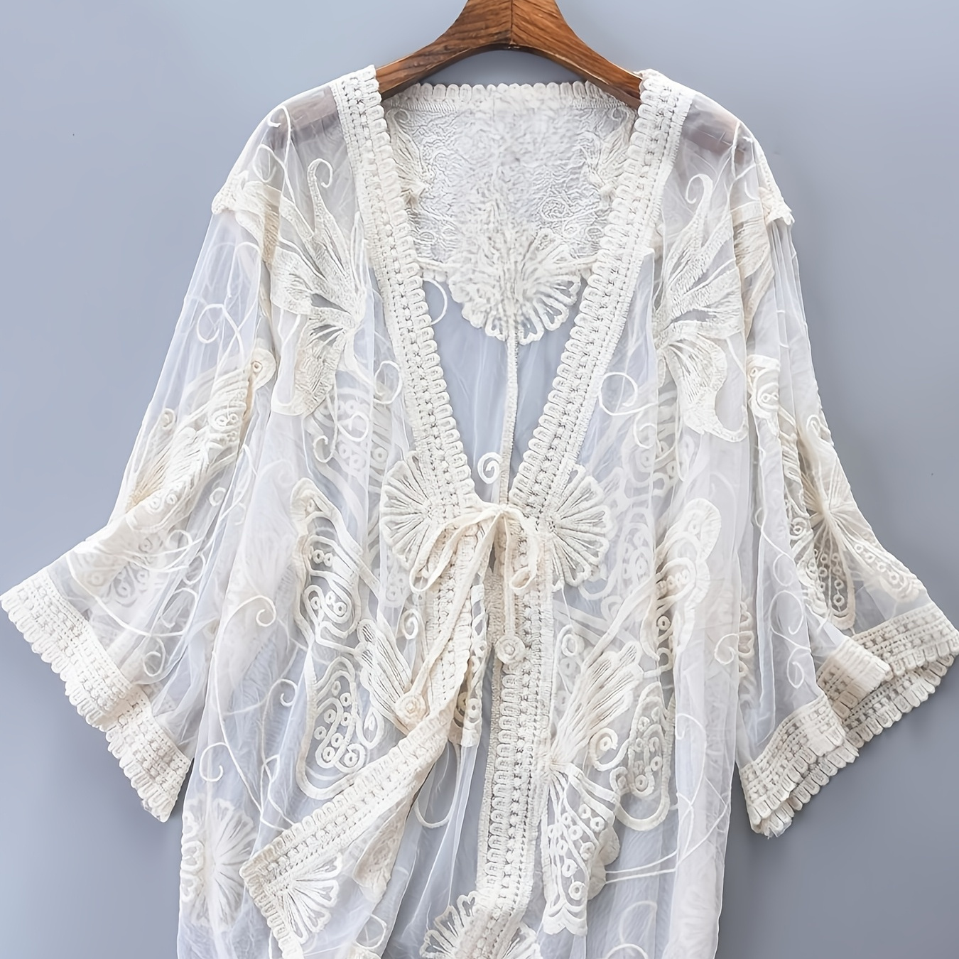 

Elegant Women's Bohemian Embroidered Sheer Beach Cover-up Cardigan - V-neck, 3/4 Sleeve, Lightweight Polyester With Lace Detailing, Summer