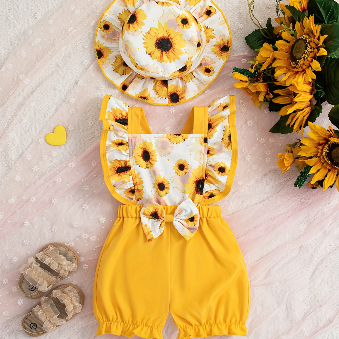 

Baby's Cartoon Sunflower Pattern Faux Two-piece Bodysuit & Hat, Casual Bowknot Cap Sleeve Romper, Toddler & Infant Girl's Onesie For Summer, As Gift