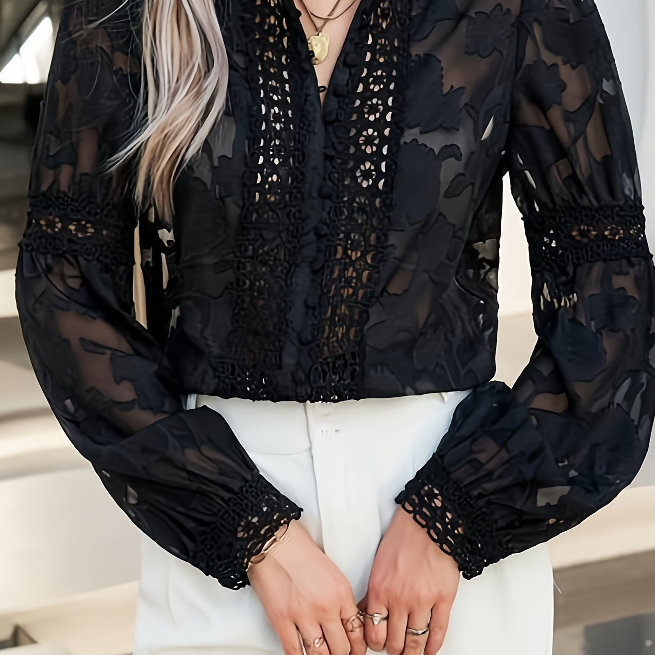 

Floral Pattern V Neck Lace Sheer Blouse, Sexy Front Puff Sleeve Blouse, Women's Clothing