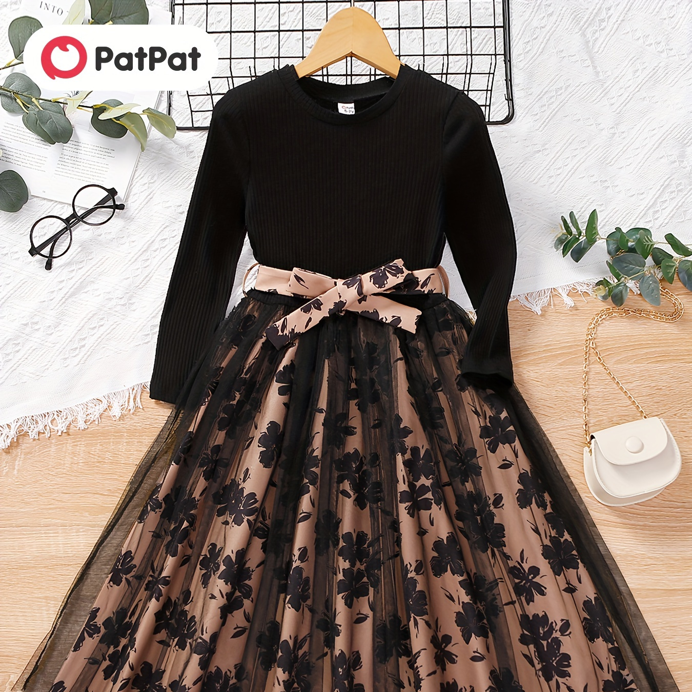 

Patpat 2pcs Kid Girl Trend Flower Print Waistband Design Round Neck Pleated Hem Long-sleeve Dress For Spring & Autumn/fall