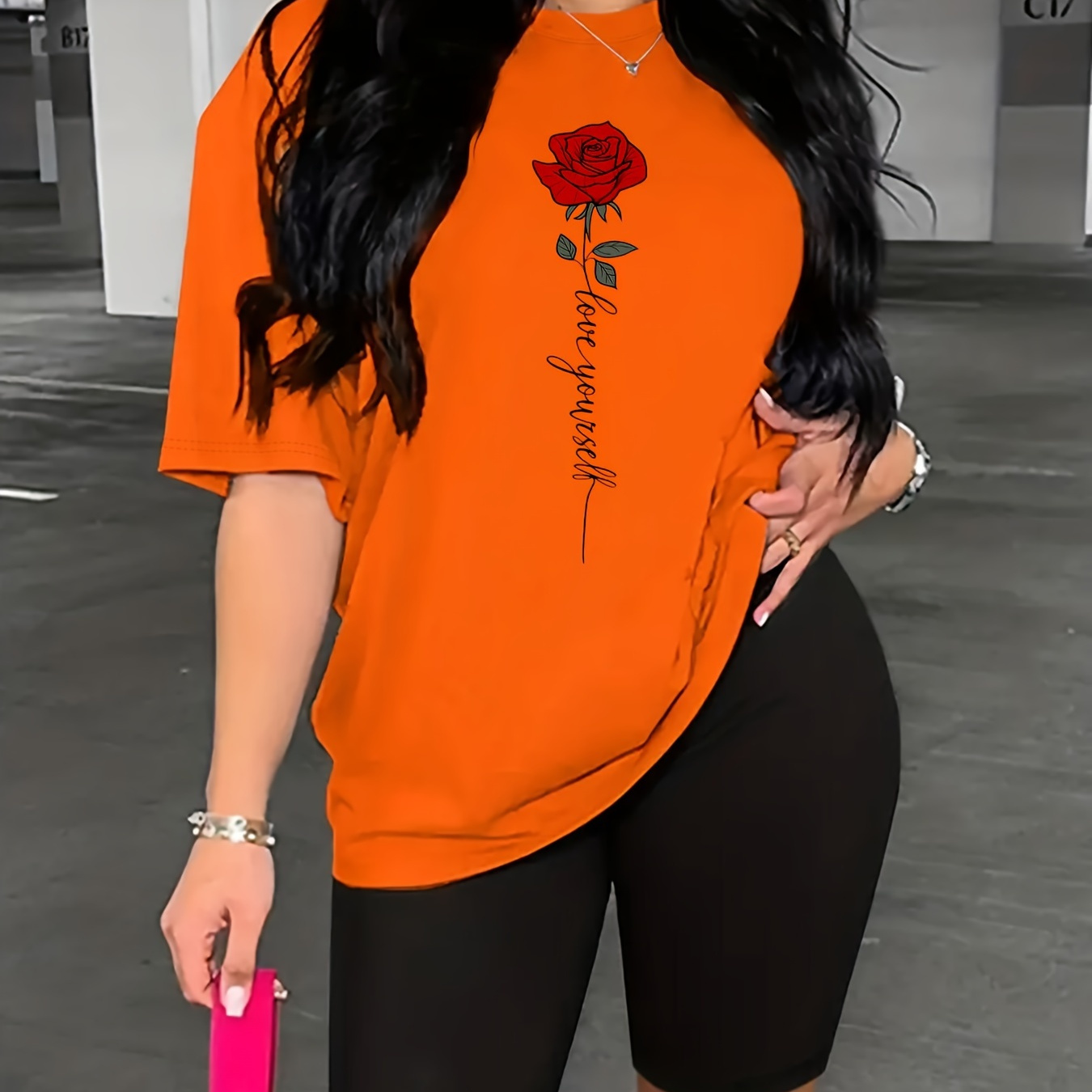 

Letter & Rose Print 2 Piece Set, Short Sleeve Crew Neck T-shirt & Short Leggings, Women's Clothing