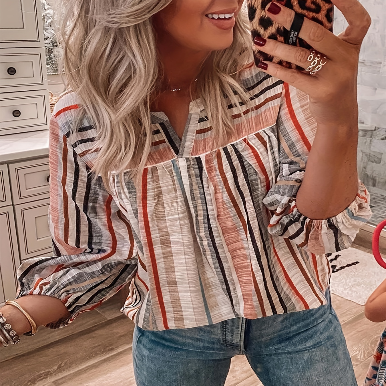 

Plus Size Casual Blouse, Women's Plus Colorblock Stripe Print Long Sleeve Notched Neck Shirt Top