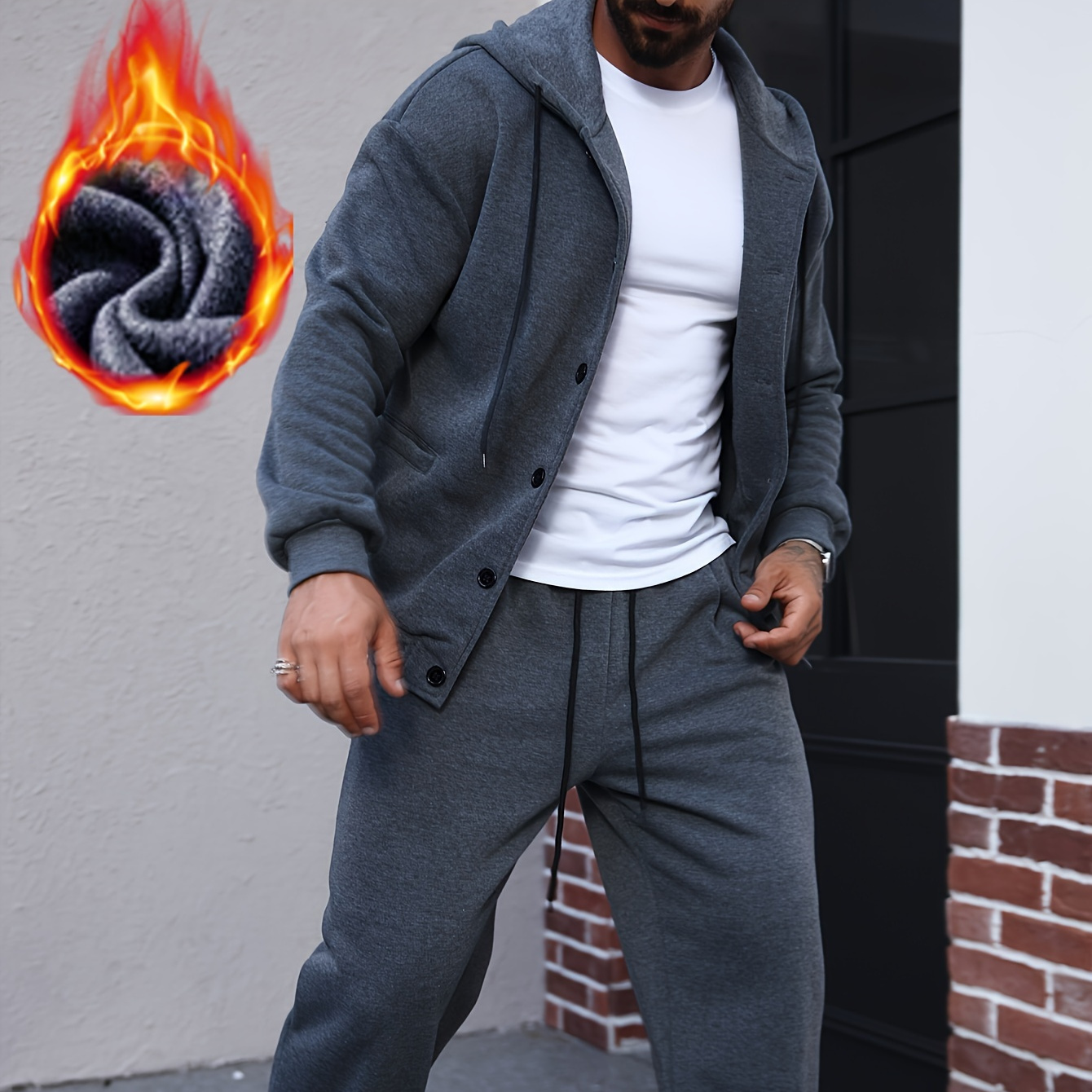 

Men's Casual Hoodie & Sweatpants Set - Polyester, Machine Washable, Solid Color, Loose Fit For Fall/winter, Jacket