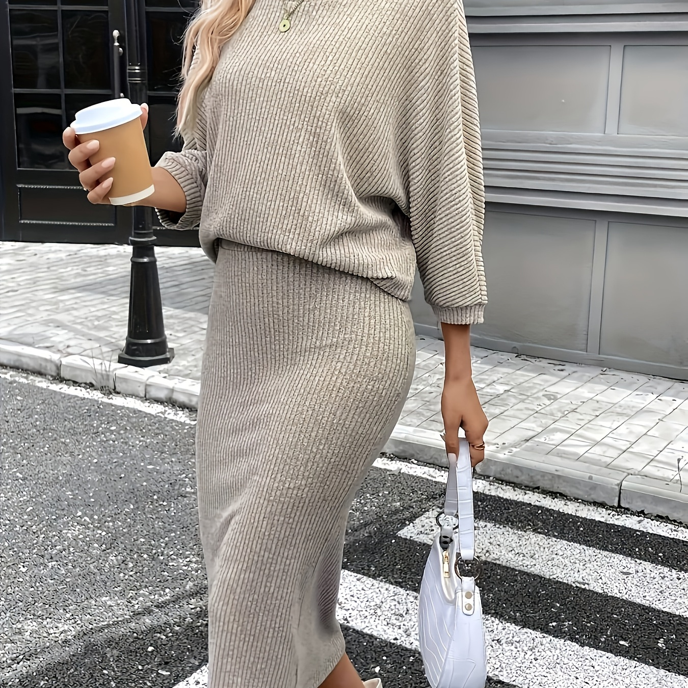 

2024 Autumn And Winter Women's Bat Wing Round Neck T-shirt And Mid-long Pencil Skirt 2pcs Casual Suit, Textured Fabric, Elegant And Suitable For Work And In Autumn And Winter