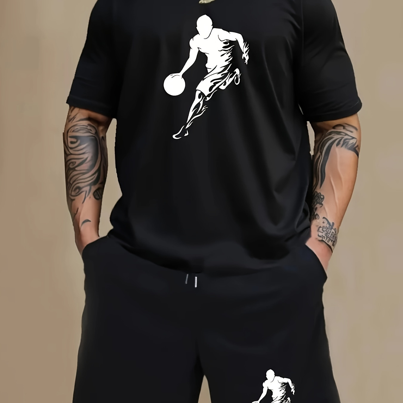 

Men's Athletic-inspired Casual Set: Basketball Player Silhouette Print T-shirt & Shorts - Breathable Polyester , Machine Washable, Summer Sporty Look