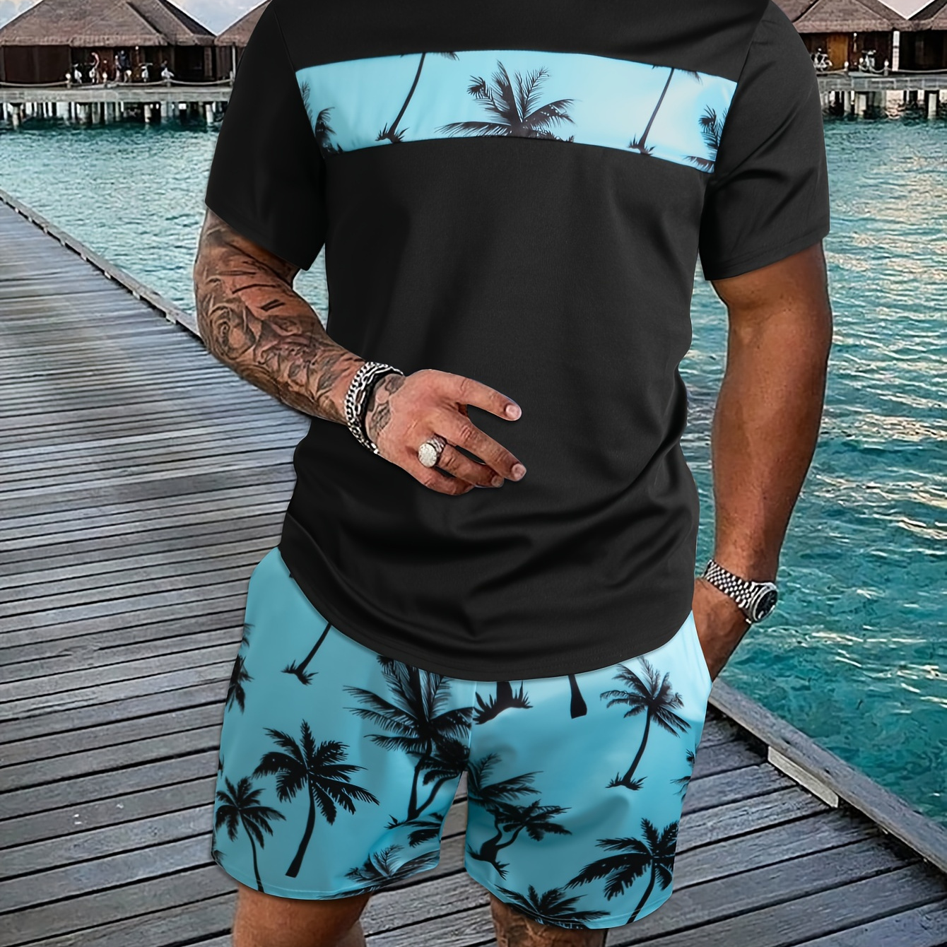 

Tropical Coconut Tree Print, Men's 2pcs Outfits, Casual Crew Neck Short Sleeve T-shirt And Drawstring Shorts Set For Summer, Men's Clothing Loungewear Vacation Resorts