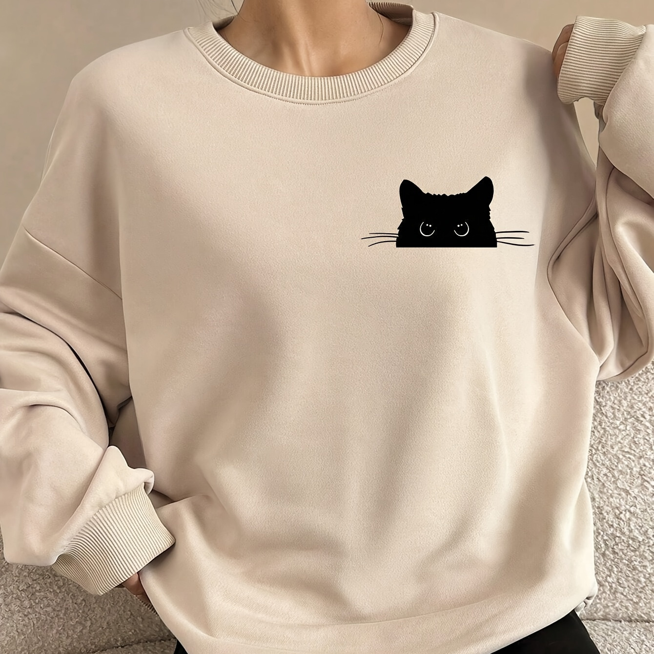 

Black Cat Peeking Funny Cute Women's Casual Minimalist Round Neck Long Sleeve Loose Fit Pullover Hoodie Sweatshirt