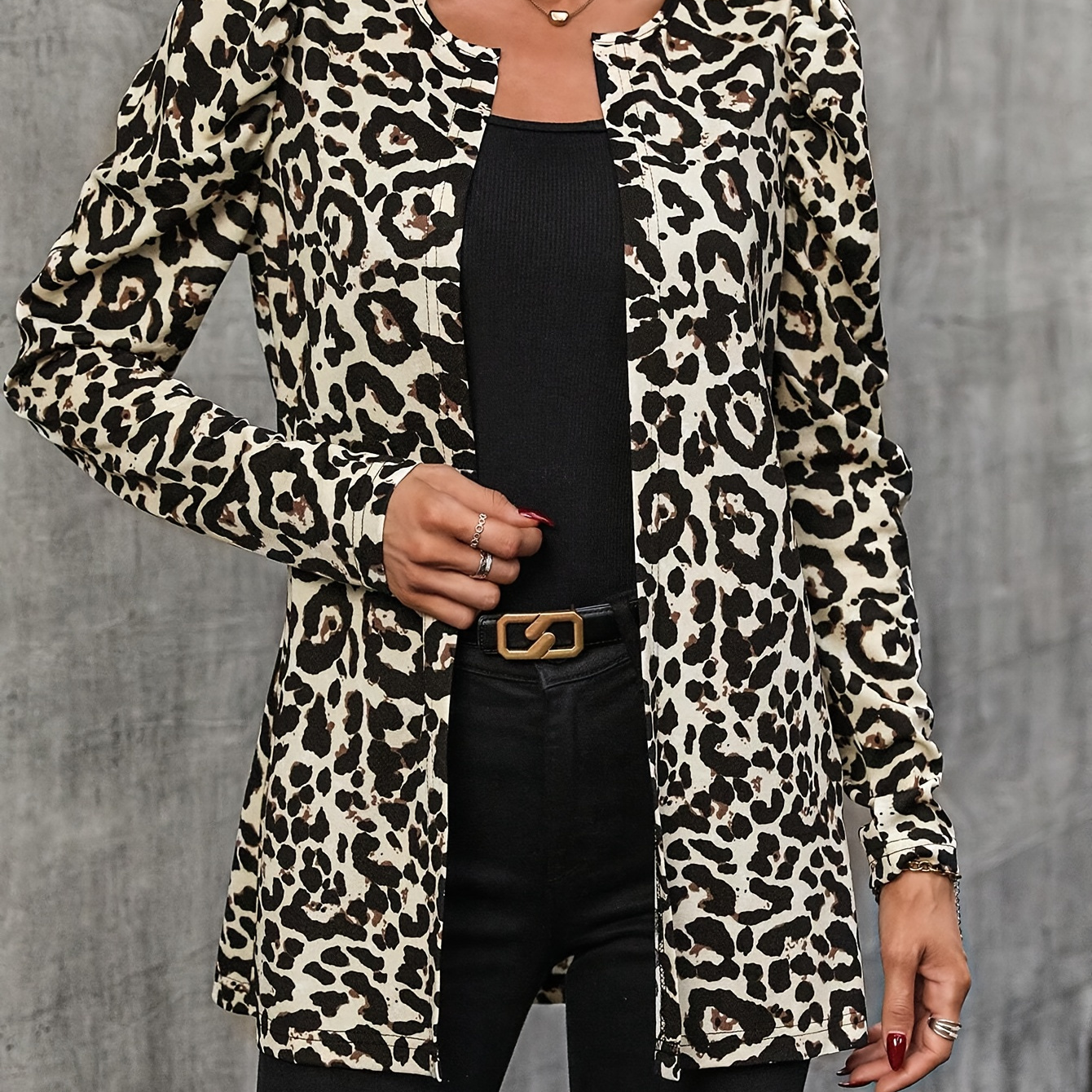 

Leopard Print Open Front Jacket, Elegant Leg Of Mutton Sleeve Jacket For Spring & Fall, Women's Clothing