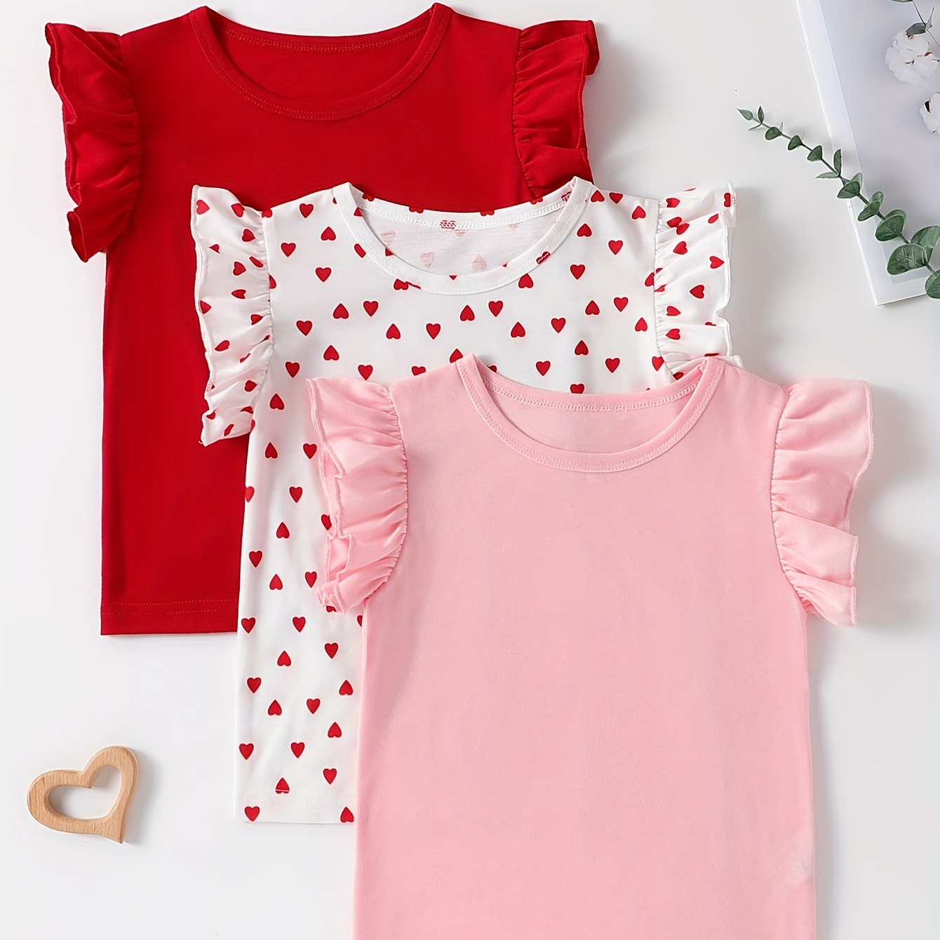 

3pcs Girls Sweet Heart Graphic Solid Ruffle Trim T-shirt Set For Summer Party Valentine's Day Gift