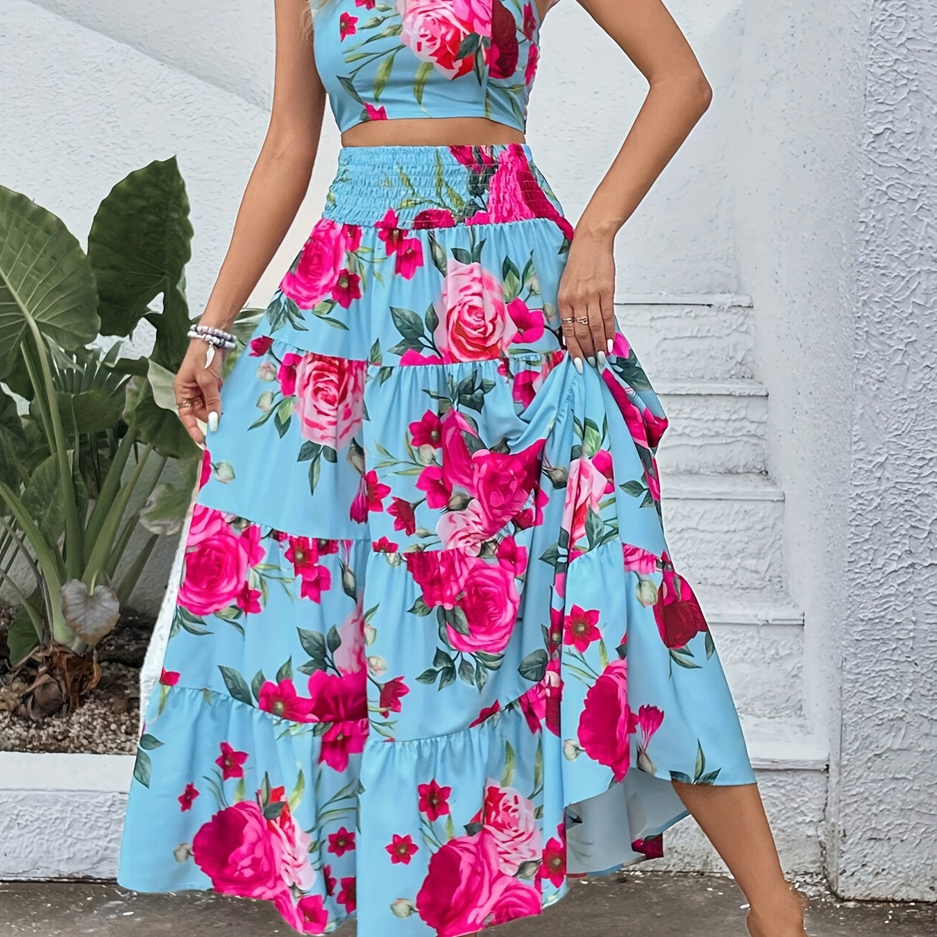 

Floral Print Shirred Elegant Summer Two-piece Skirt Set, Ruffle Trim Crop Top & Maxi Skirt Outfits, Women's Clothing