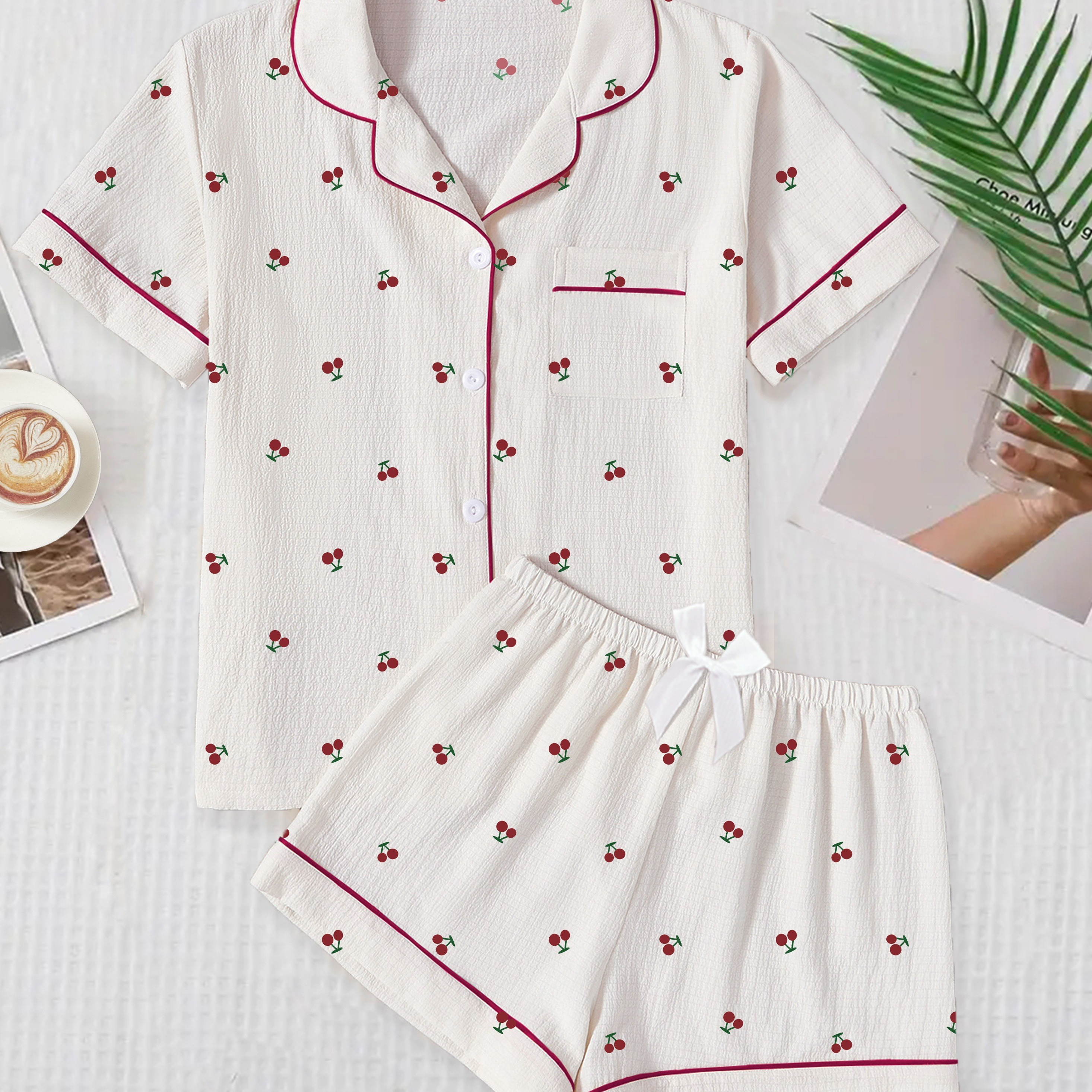 

Women's Allover Cherry Print Textured Sweet Pajama Set, Short Sleeve Buttons Lapel Top & Shorts, Comfortable Relaxed Fit