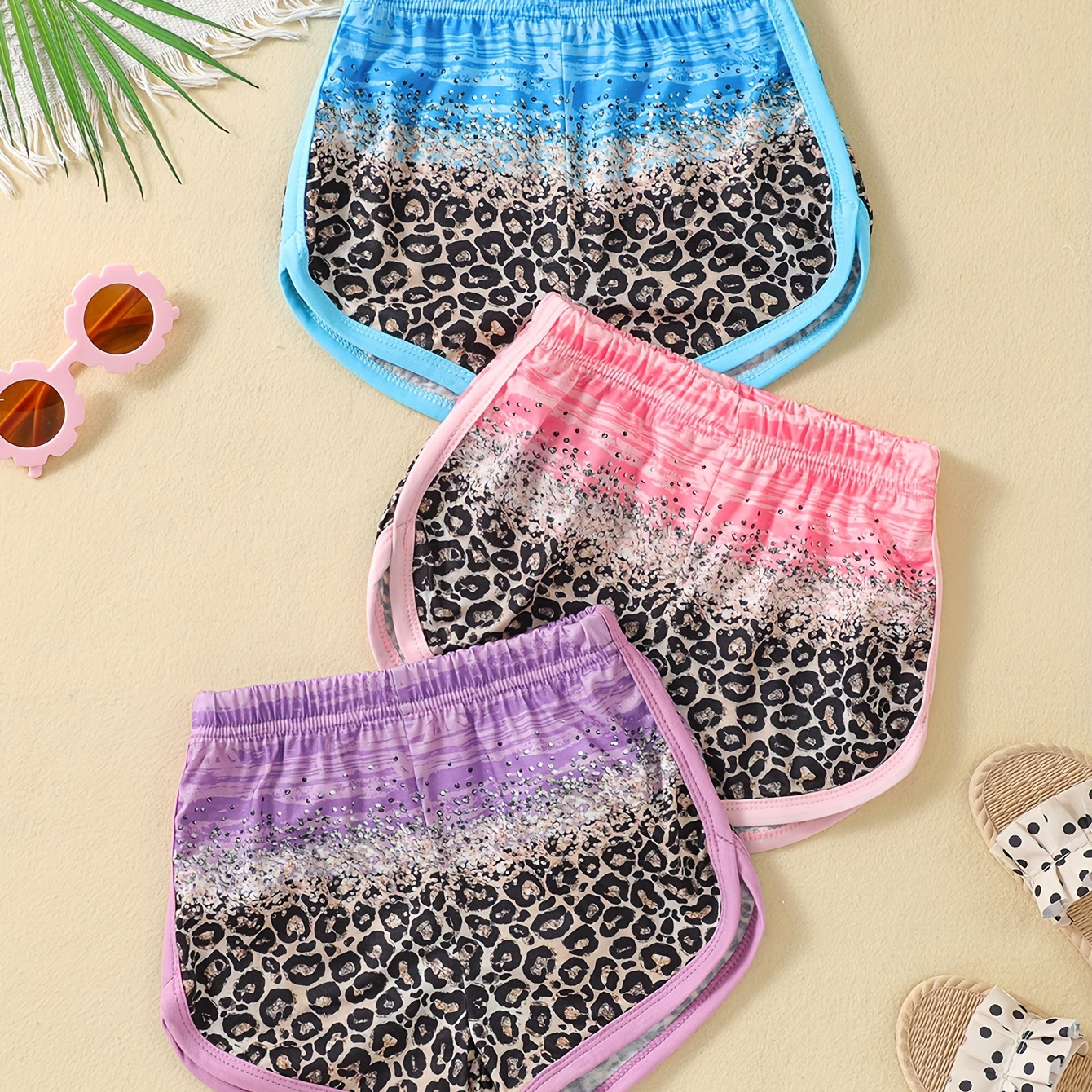 

3pcs Girls Fashion Leopard Spliced Color Dolphin Shorts Summer Holiday Beach Shorts