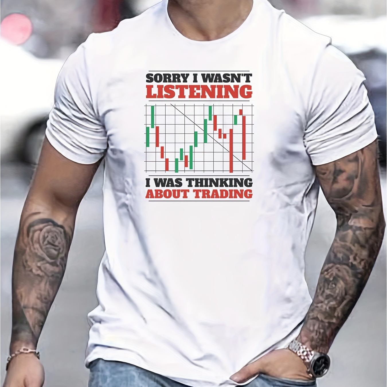 

Think About Trading Print Tee Shirt, Tees For Men, Casual Short Sleeve T-shirt For Summer