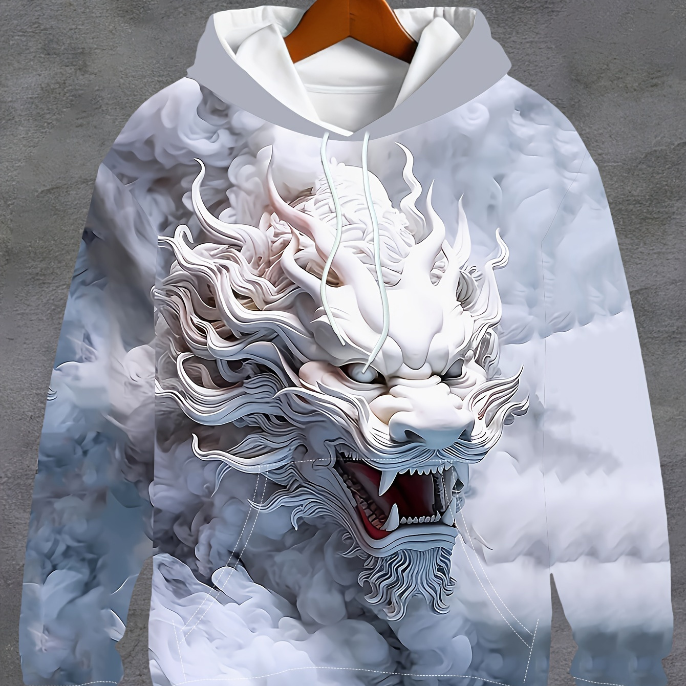 

Sweat à capuche 3D pour homme avec imprimé dragon blanc et fumée, cordon de serrage et poches, sweat à capuche de sport tendance pour le printemps et l'automne, pour la rue et le quotidien