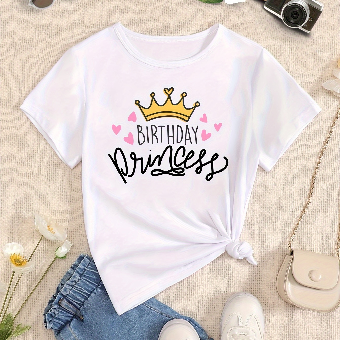

Girls Birthday Princess Print Short Sleeve T-shirt Summer Clothes Birthday Gift