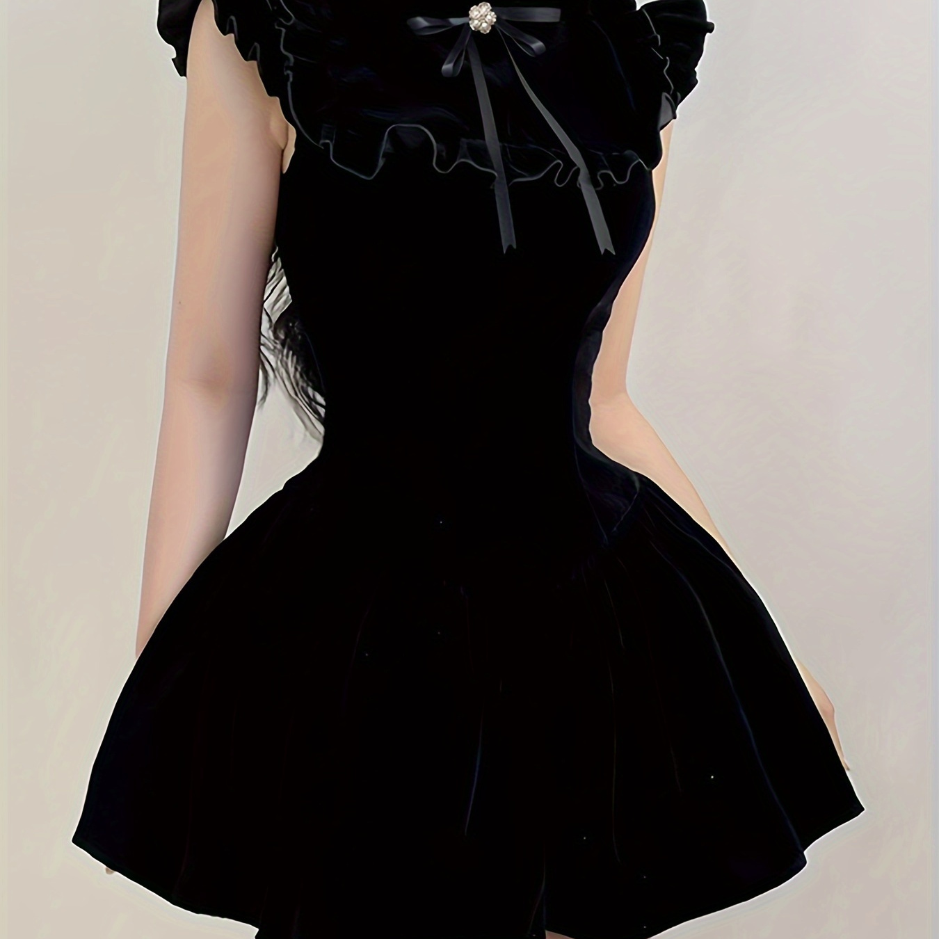 

Solid Frill Trim Bow Detail Waist Dress, Cute Flutter Sleeve Mock Neck Dress, Women's Clothing