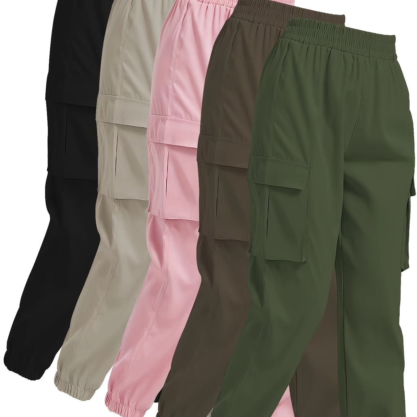 

5pcs Solid Color Pocket Jogger Pants, Suitable For Autumn And Winter Casual Waist Sports Pants, Women's Clothing, Jogging Pants