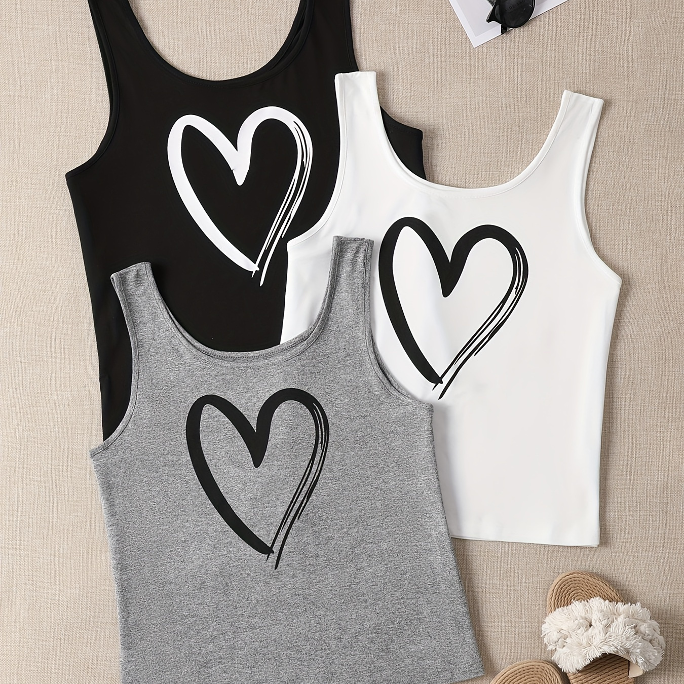 

3 Pcs Women's Plus Size Casual Lounge Tank Top With Heart Print, Soft Sleepwear Vest In Black, Grey & White