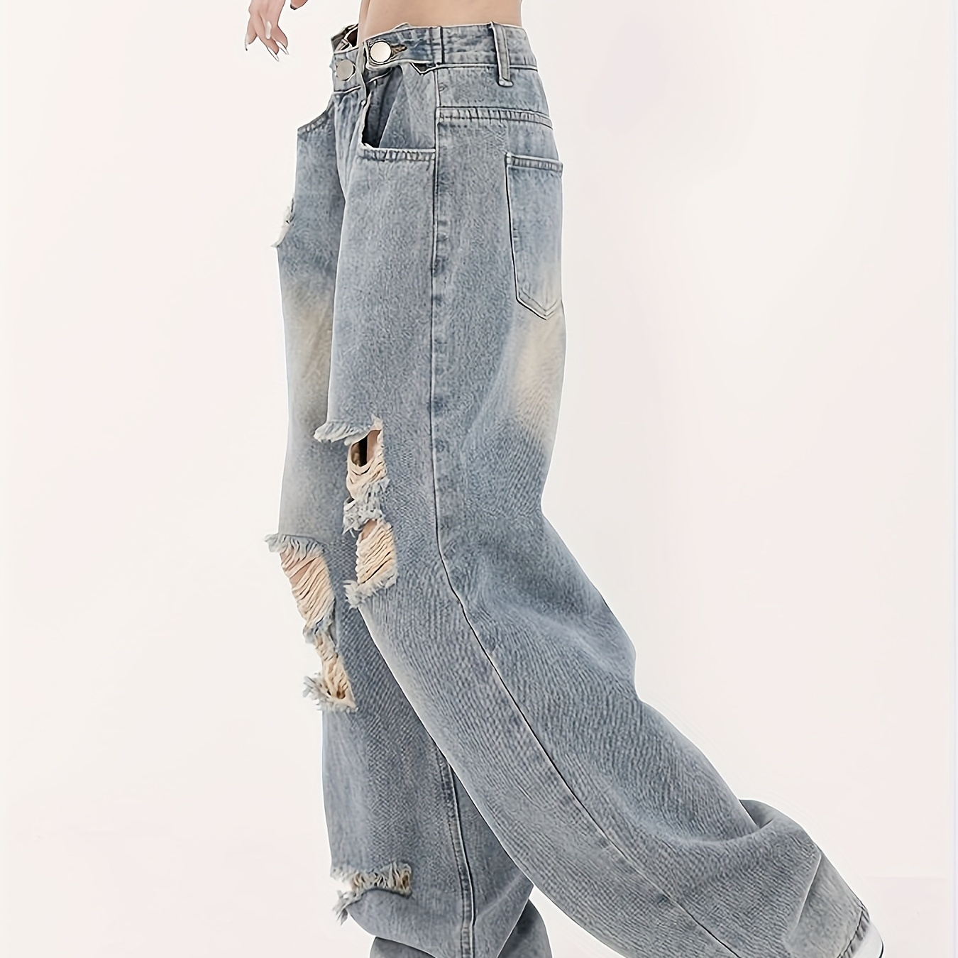 

Blue Ripped Holes Straight Jeans, Loose Fit Washed Distressed Street Style Denim Pants, Women's Denim Jeans & Clothing