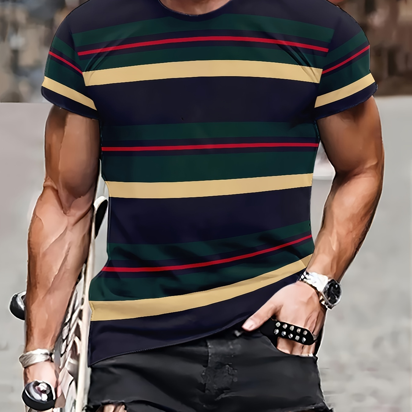 

Men's Quick-dry Striped T-shirt | 3d , Soft & Breathable Polyester, Crew Neck, Short Sleeve | Casual & Sporty Pullover For Casual Attire