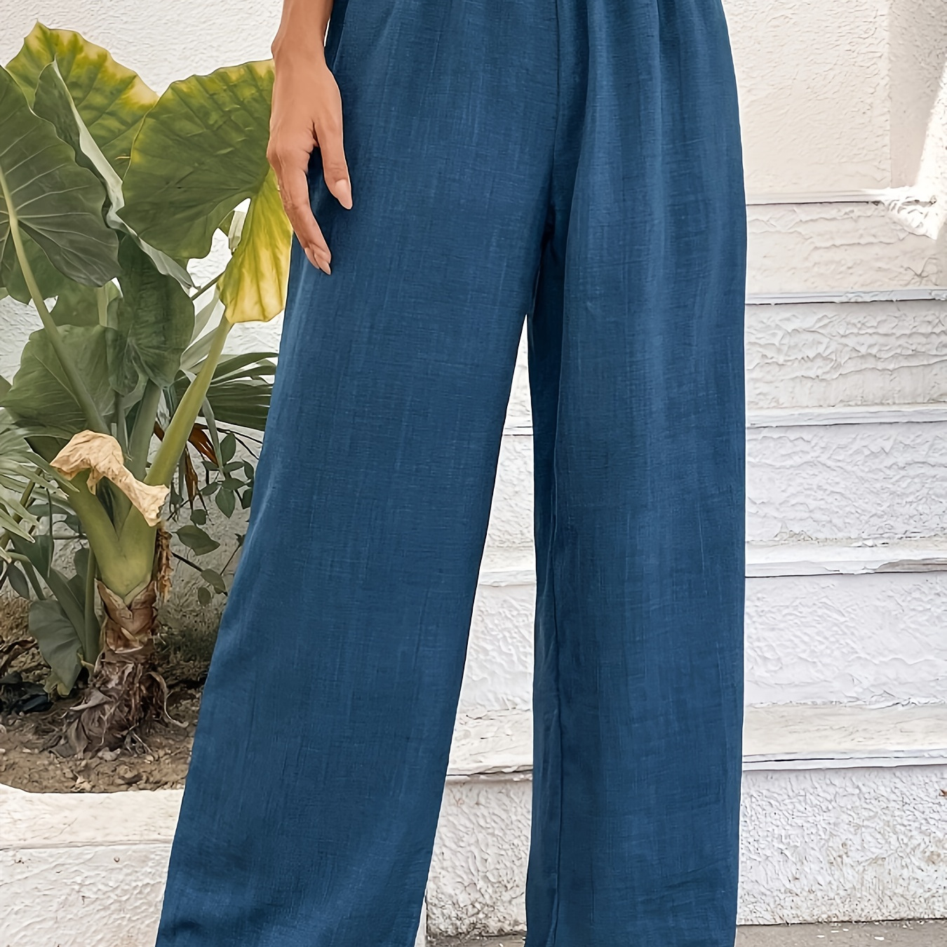 

Solid Color Wide Leg Pants, Casual Shirred Loose Pants For Spring & Summer, Women's Clothing