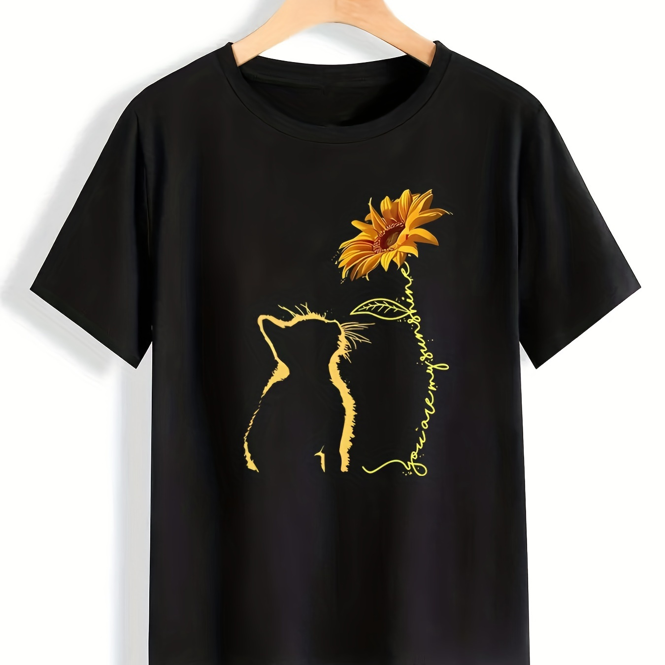 

Plus Size Casual T-shirt, Women's Plus Sunflower & Cat Print Short Sleeve Round Neck Slight Stretch Top