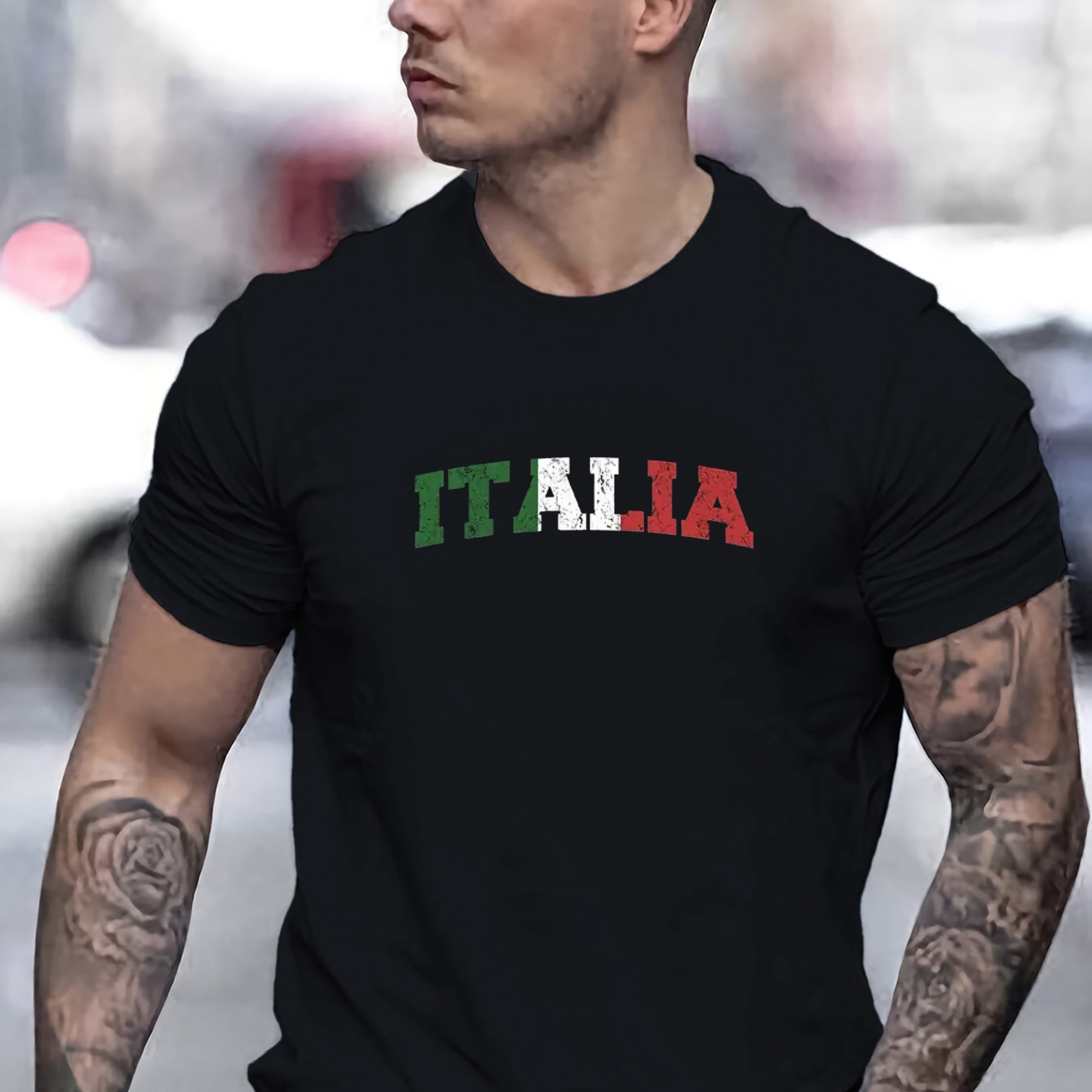 

Italia Letter Graphic Print Men's Creative Top, Casual Short Sleeve Crew Neck T-shirt, Men's Clothing For Summer Outdoor
