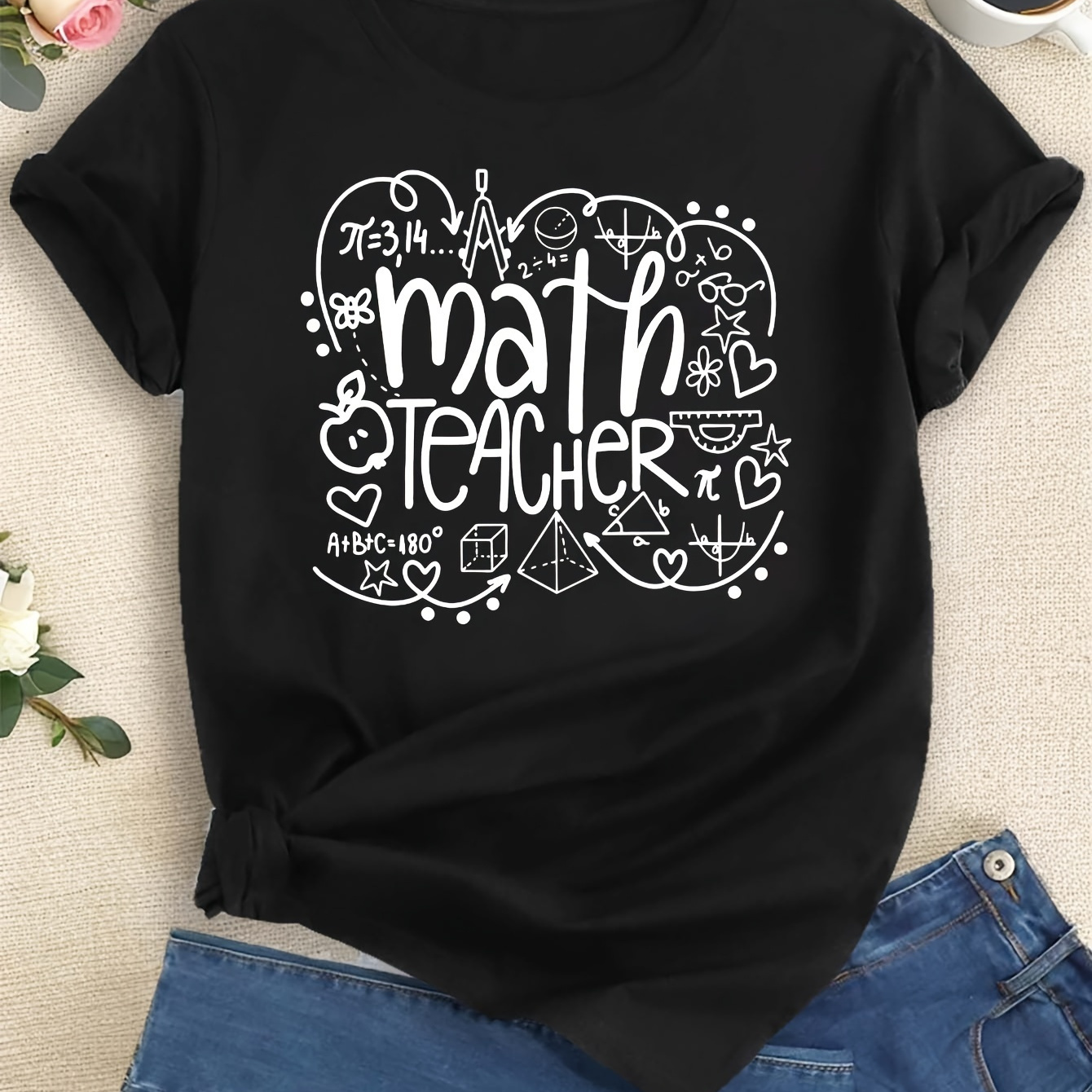 

Fashion Letters Math Teacher Print T-shirt, Short Sleeve Crew Neck Casual Top For Summer & Spring, Women's Clothing