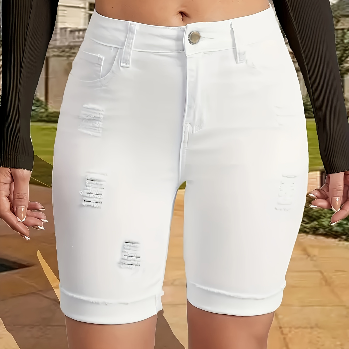

Women's Casual Denim Shorts, Plus Size Ripped Plain White Roll Up Hem Versatile Bermuda Denim Shorts