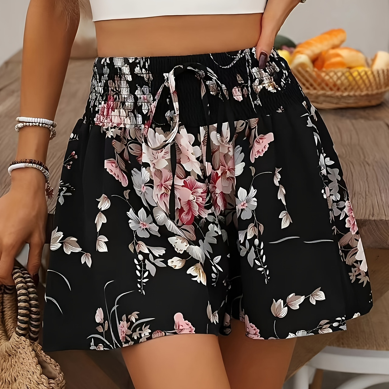 

Floral Print Wide Leg Shorts, Elegant Tie Front Waist Shorts For , Women's Clothing