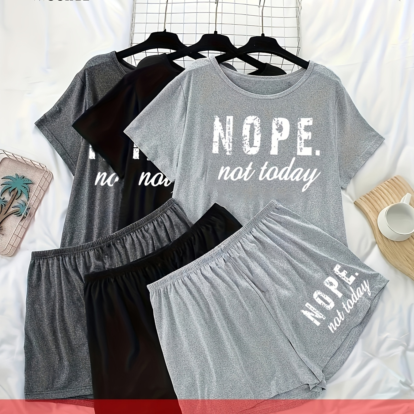 

3pcs Plus Size Women' Casual Knit Pajama Sets - "nope" Letter Print Short Sleeve Round Neck Top & Waist Shorts, Polyester Sleepwear In Black, White, And Gray, Plus Size Pajama Set