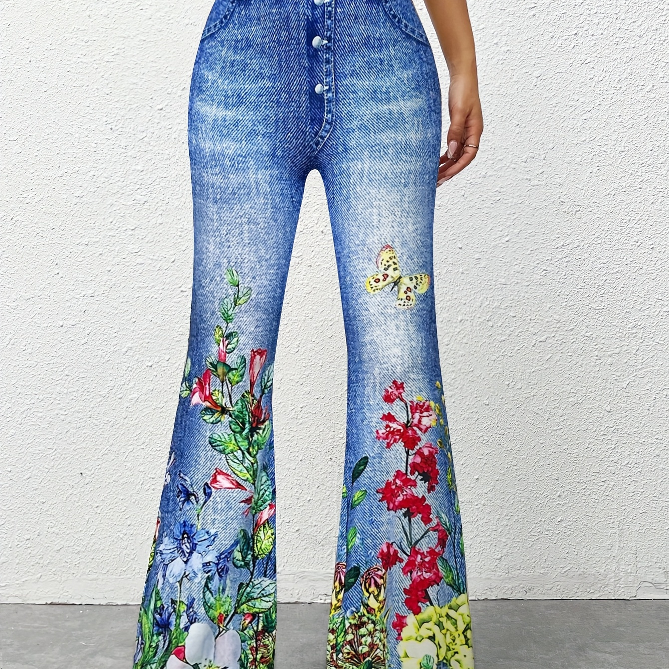 

1pc Women's Floral Print Flare Leg Denim, Polyester Knit Fabric, Adult Bell Bottoms