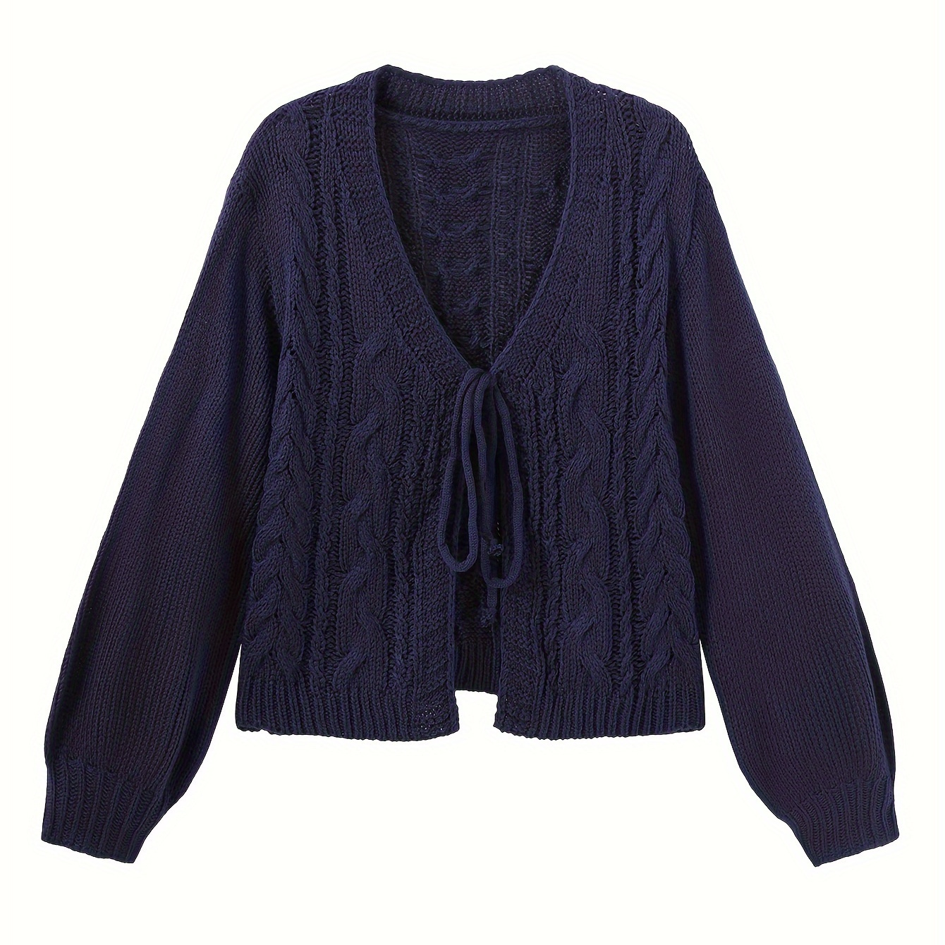 

Tie Front Cable Knit Cardigan, Casual Lantern Sleeve Solid Color Cardigan For Fall & Winter, Women's Clothing