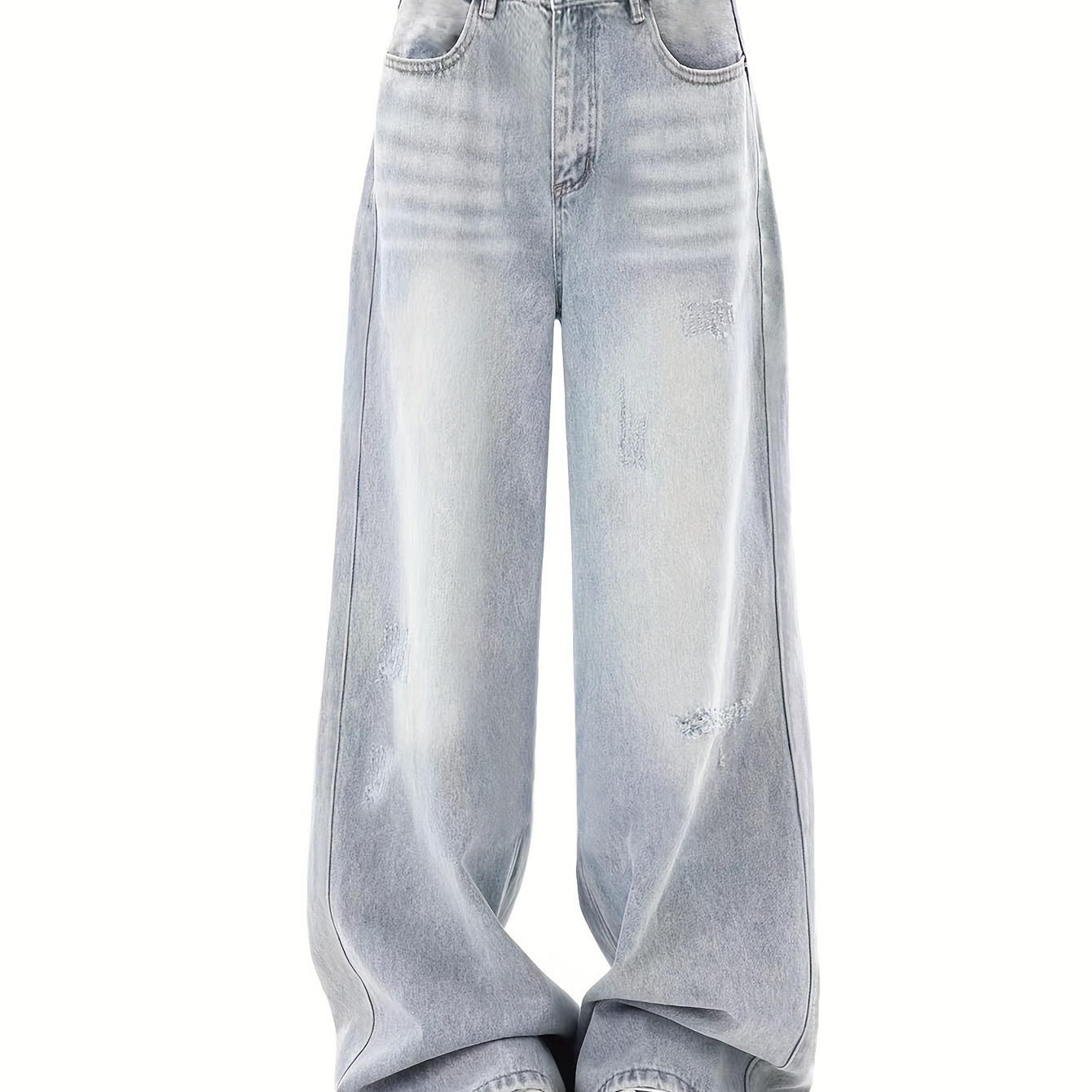 Fashion Girls' Casual Light Blue Washed Denim Jeans - Loose Straight Leg Trousers, Trendy & Versatile