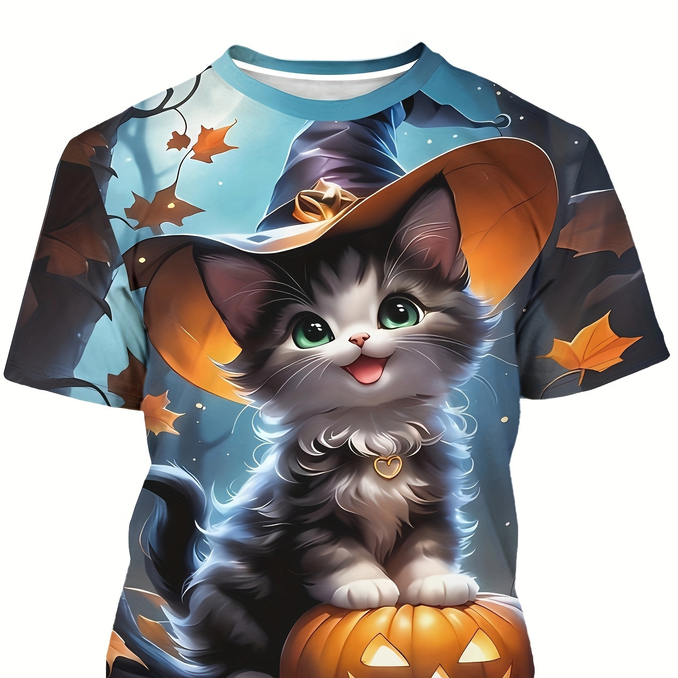 

T-shirt de mode unisexe pour l'été, en polyester tricoté, col rond, avec un design de chaton sorcière et citrouille imprimé en 3D, pour Halloween, pour homme