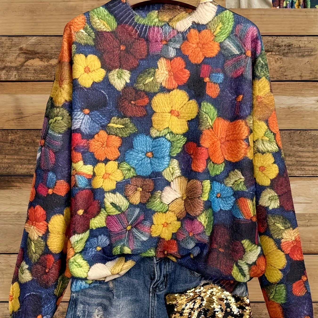 

Motif floral Pull col rond, Pull à manches longues décontracté pour l'automne et l'hiver, Vêtements pour femmes