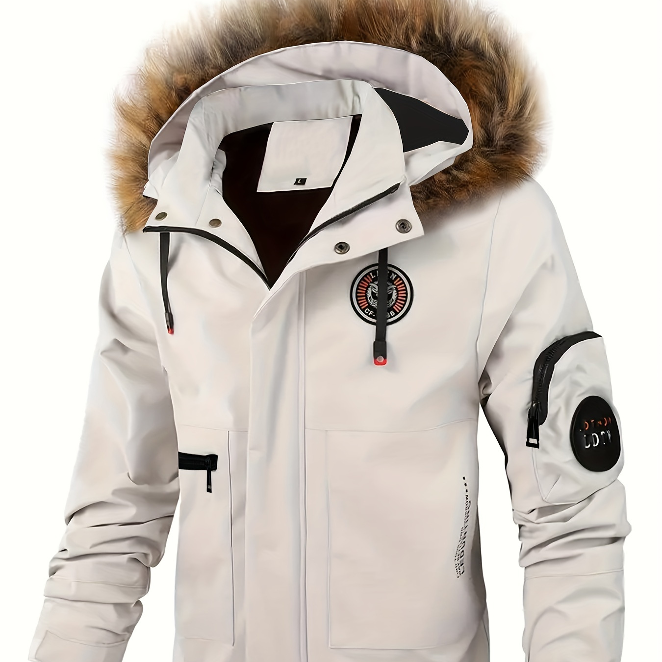 

Plus Size Men's Badge Print Hooded Jacket Windbreaker Cargo Jacket For Fall Winter, Men's Clothing